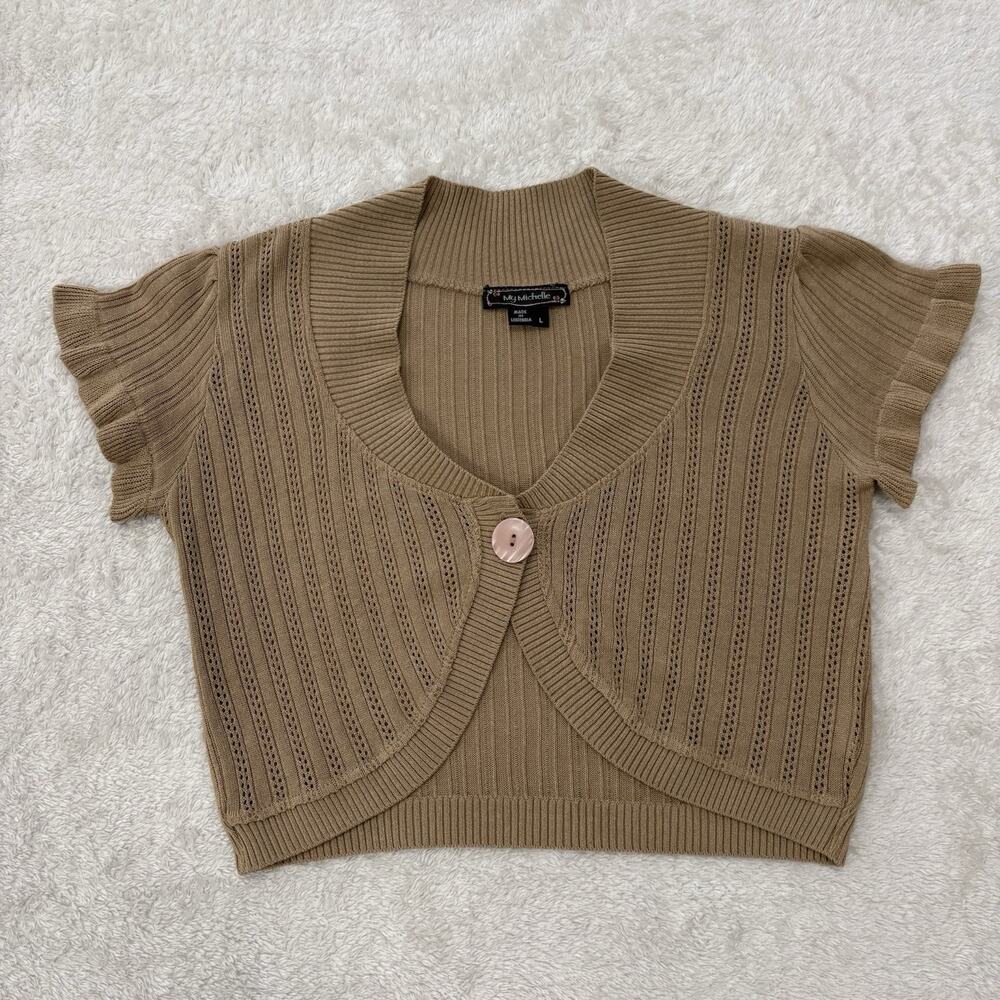 My Michelle Womens L Tan Cropped Bolero Cardigan Sweater Short Sleeve Y2K